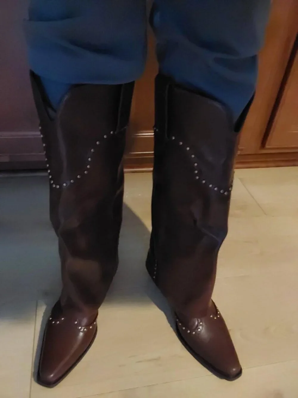 Women's Chocolate Polyurethane (PU) Studded Fold Over Knee High Chunky Heel Boot